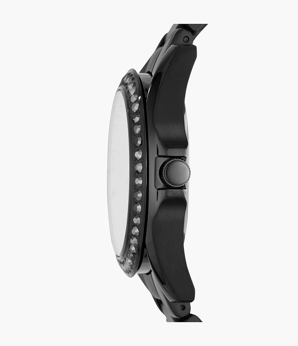 Fossil Rilry watch side profile showing case thickness and crystal-set bezel detail
