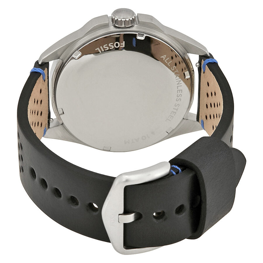 Fossil Sport 54 caseback showing stainless steel back, brown leather strap interior, and blue accent details