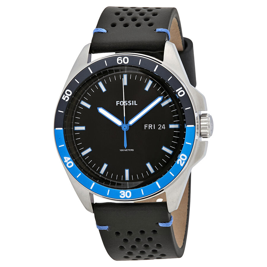 Fossil Sport 54 men's watch with black dial, blue and black Batman bezel, silver case, and perforated black strap