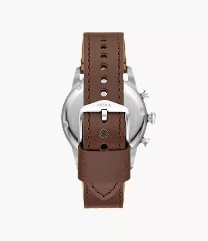 Fossil Sport Tourer FS6042 case back showing brown perforated leather strap with buckle