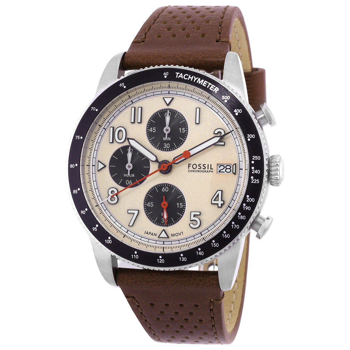 Fossil Sport Tourer Chronograph with cream dial, three black subdials, red accents, and brown leather strap