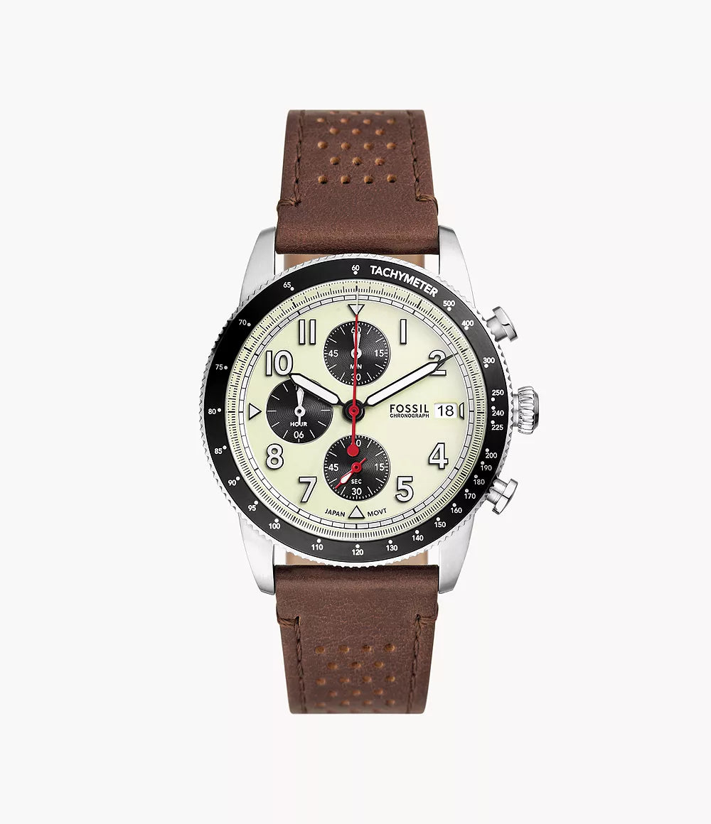 Fossil Sport Tourer FS6042 chronograph watch with cream dial and tachymeter bezel, overhead view