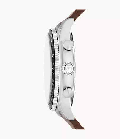 Fossil Sport Tourer FS6042 side profile with chronograph pushers, cream dial, and brown strap