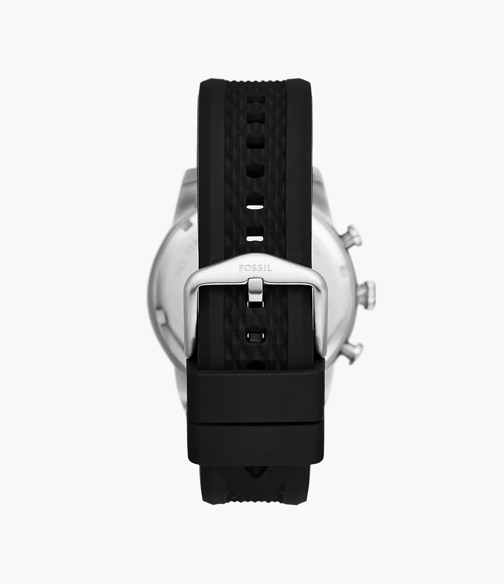 Caseback view of Fossil Sport Tourer Chronograph with black silicone strap visible