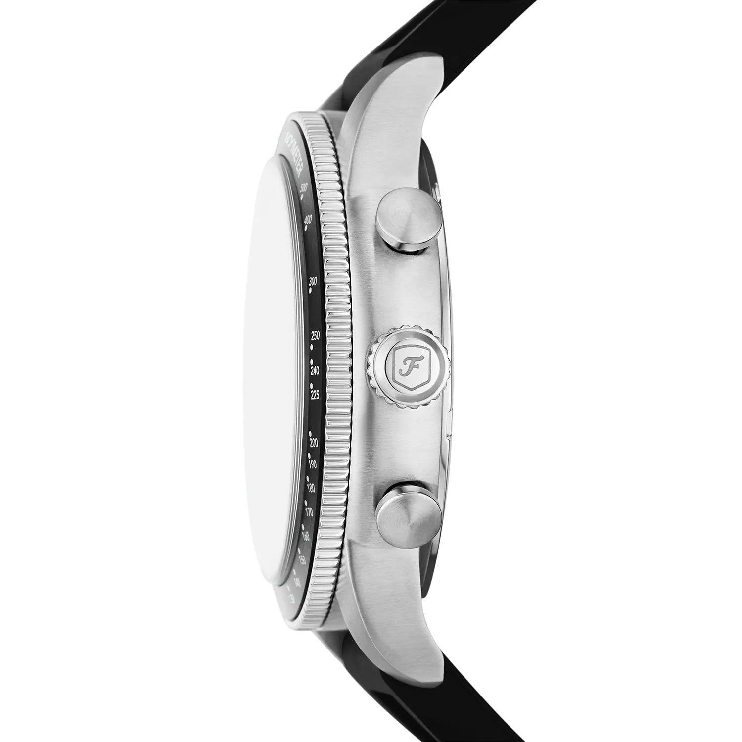 Side view of Fossil Sport Tourer Chronograph showing stainless steel case and black strap