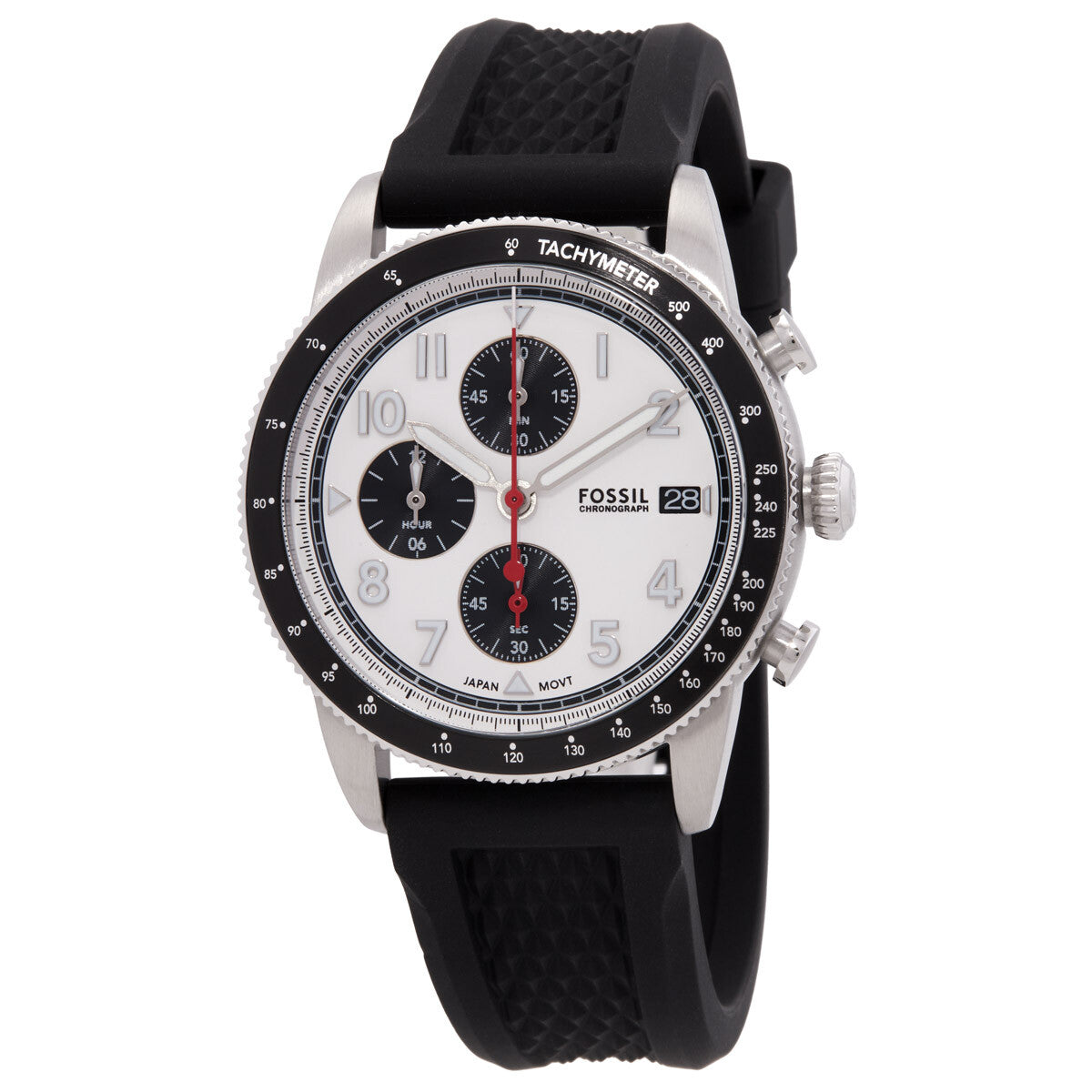 Fossil Sport Tourer Chronograph white dial watch with black silicone strap and tachymeter bezel