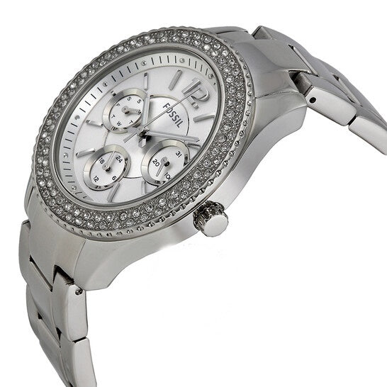 Fossil Stella ladies watch from angled side view showing chronograph subdials and metal case