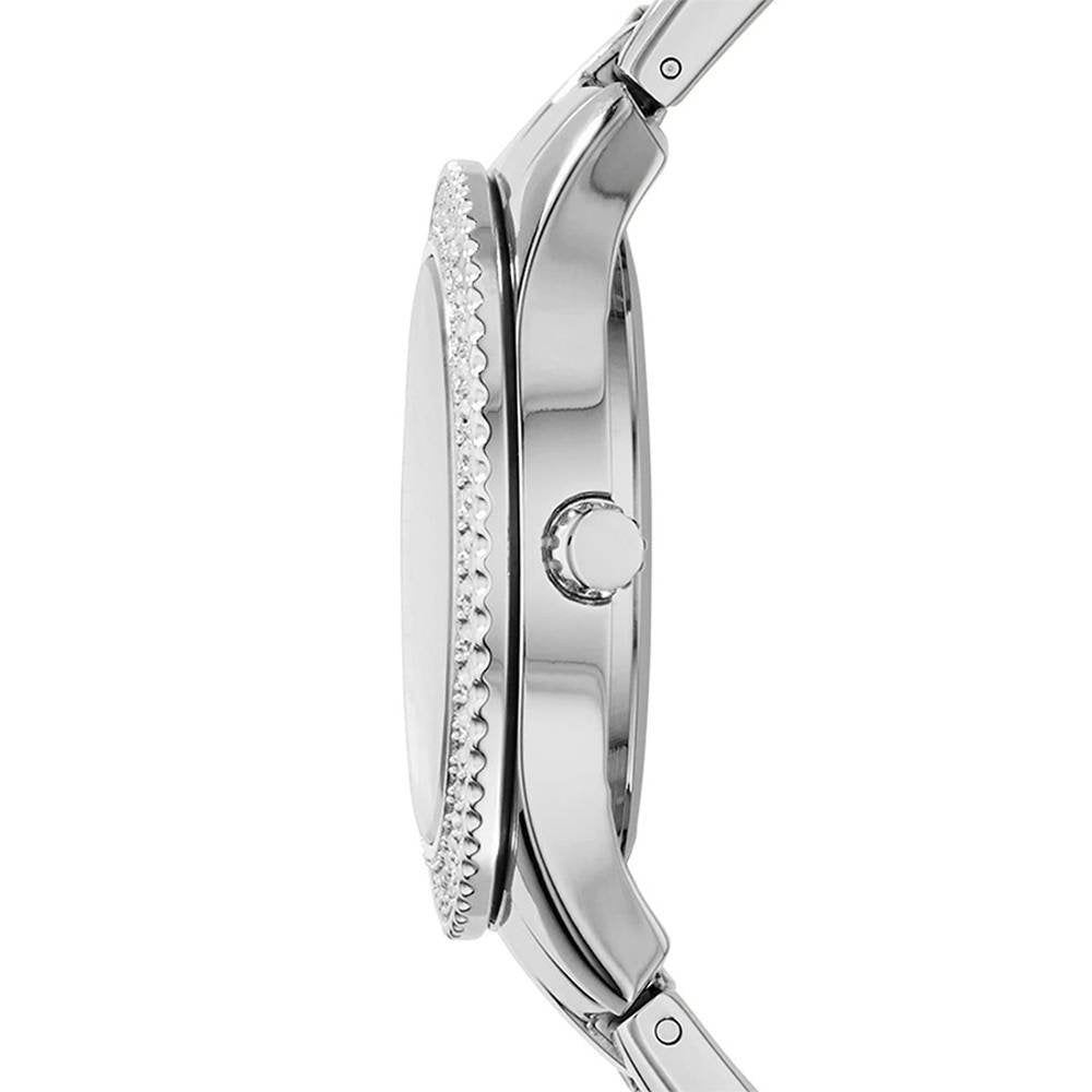 Fossil Stella watch side profile displaying crystal bezel detail and stainless steel band