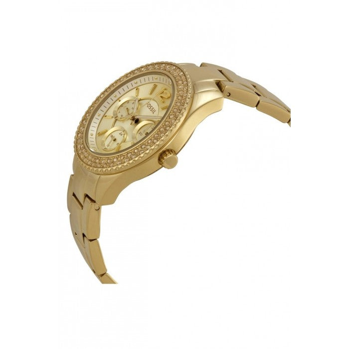 Side angle view of Fossil Stella watch showing case profile and band