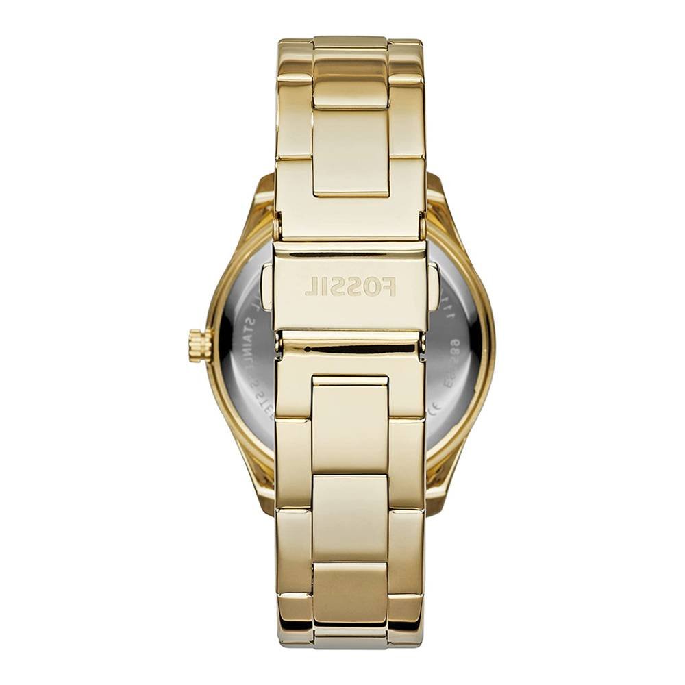 Caseback of Fossil Stella watch with Fossil logo and gold-tone stainless steel band