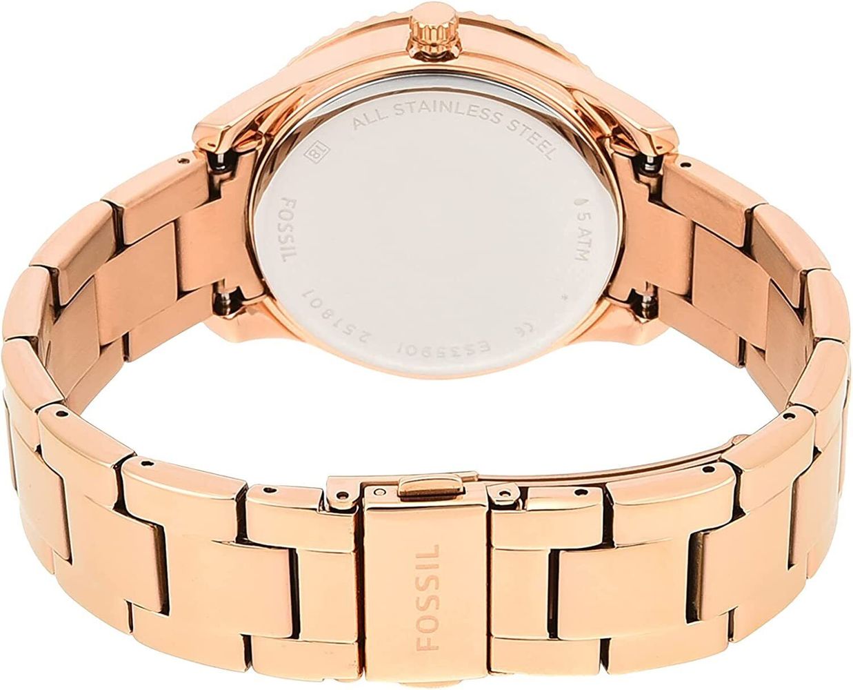 Caseback view of Fossil Stella rose gold-tone watch showing stainless steel bracelet