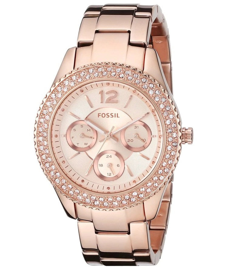Fossil Stella rose gold-tone ladies watch with rose dial, crystal bezel, and chronograph subdials