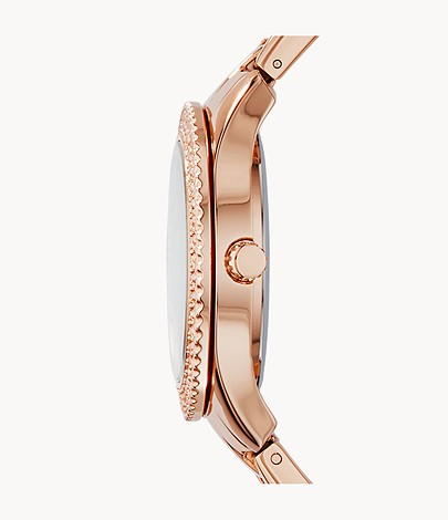 Side view of Fossil Stella rose gold-tone watch showing bezel and strap profile