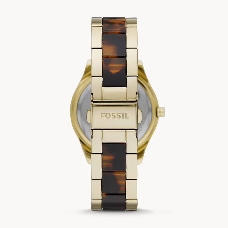 Fossil Stella watch caseback showing two-tone stainless steel and tortoiseshell band
