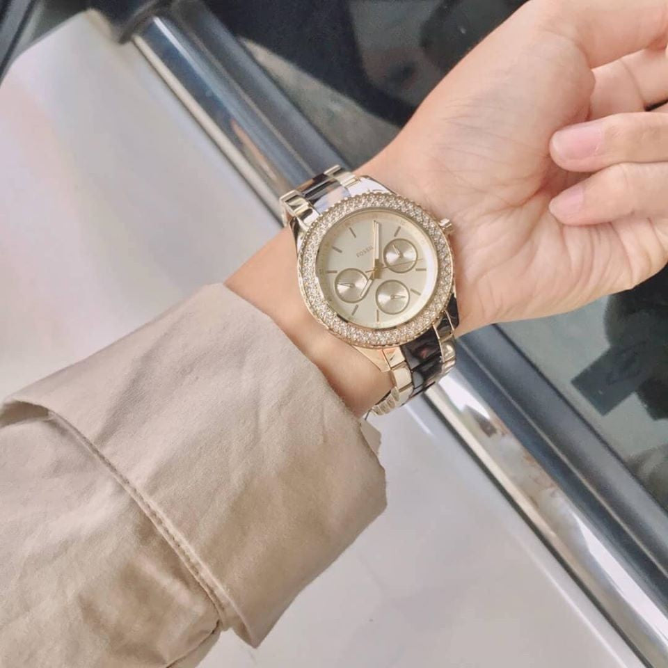 Fossil Stella women's watch worn on wrist showing cream dial with chronograph subdials