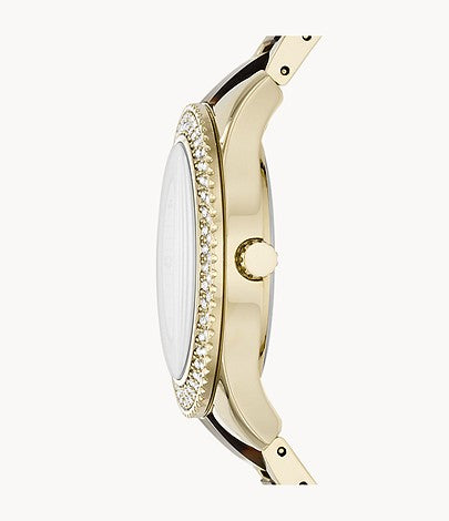 Side view of Fossil Stella watch showing profile with diamond bezel and two-tone case