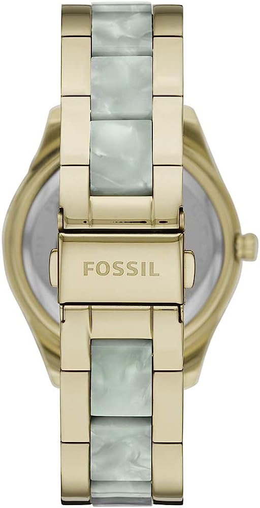 Caseback view of Fossil Stella watch showing two-tone stainless steel band with mother-of-pearl inlay