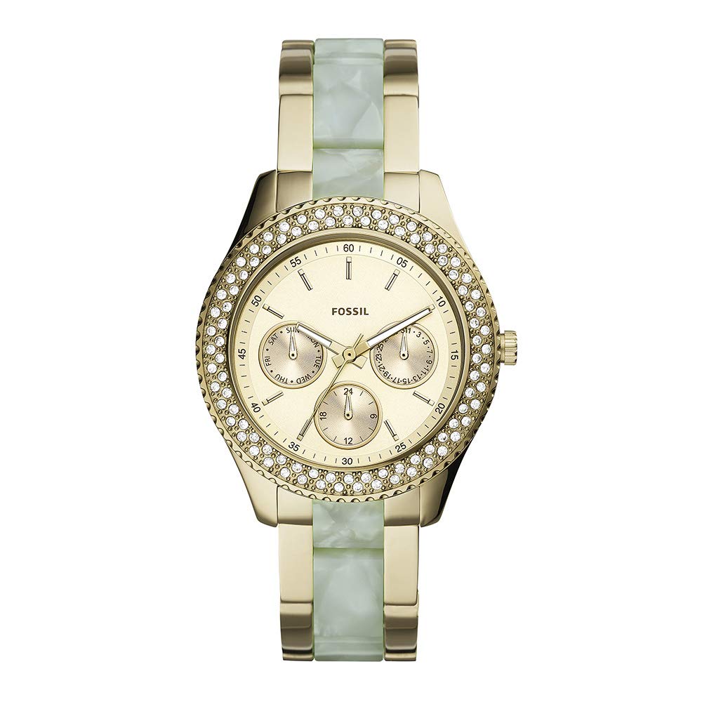 Fossil Stella two-tone women's watch with crystal bezel, champagne dial, and chronograph subdials
