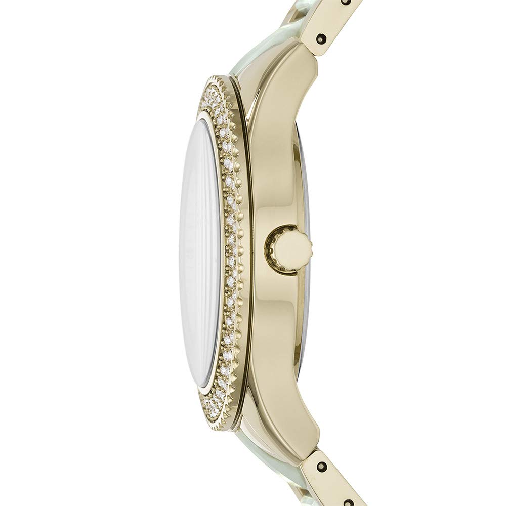 Side view of Fossil Stella watch showing crystal-set bezel and two-tone case profile