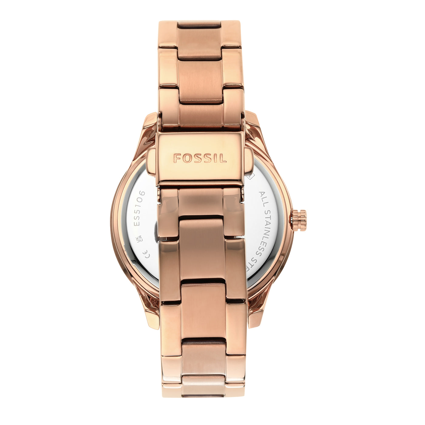 Fossil Stella Chronograph caseback showing rose gold case back with Fossil branding and bracelet clasp