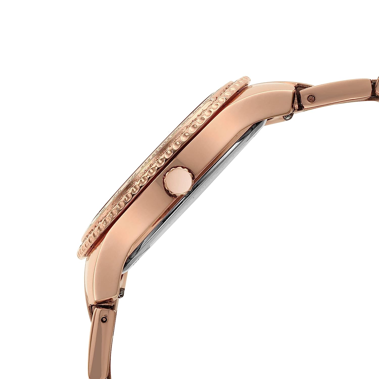 Fossil Stella Chronograph watch side view showing rose gold case profile and crystal bezel