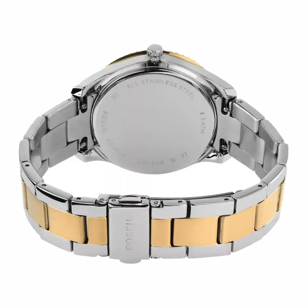 Case back detail of Fossil Stella Sport watch with two-tone stainless steel bracelet