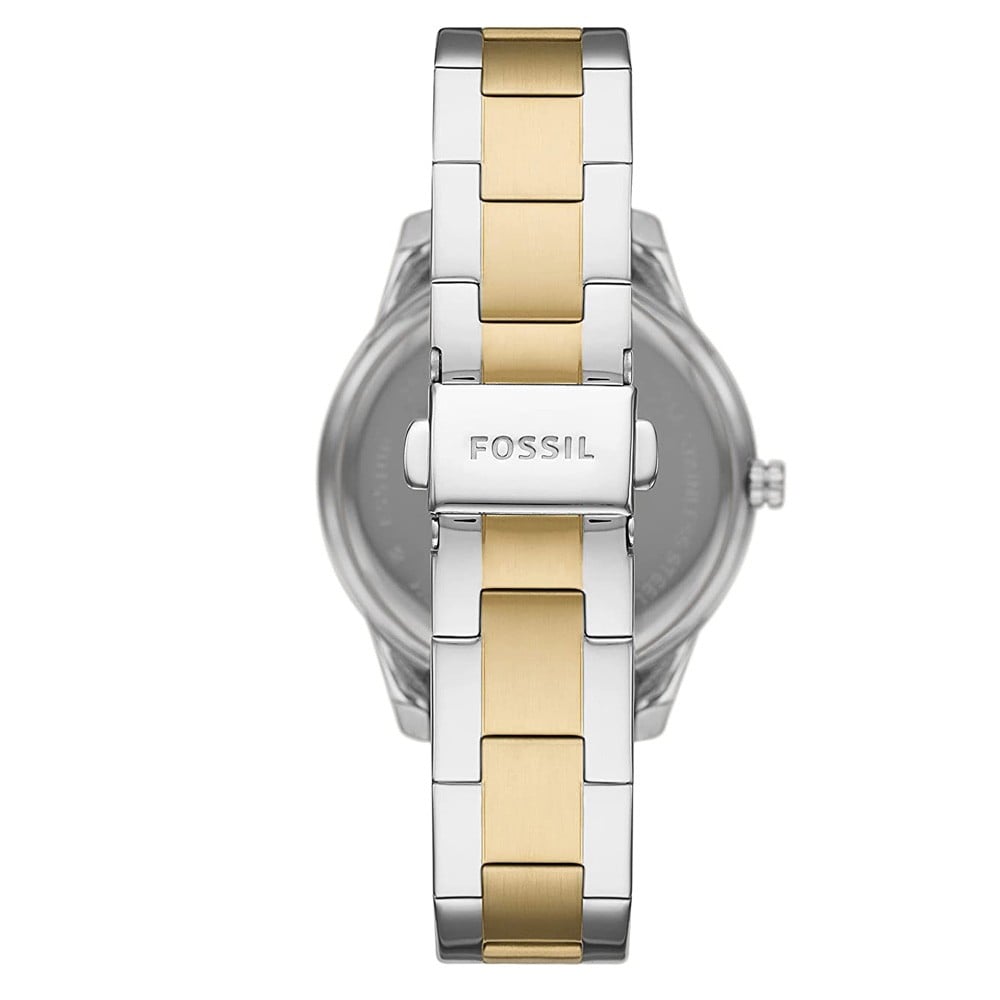 Back view of Fossil Stella Sport watch showing stainless steel case back and two-tone bracelet