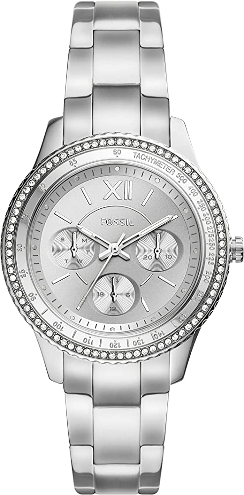 Fossil Stella Sport chronograph watch with silver dial, diamond-set bezel, and stainless steel bracelet