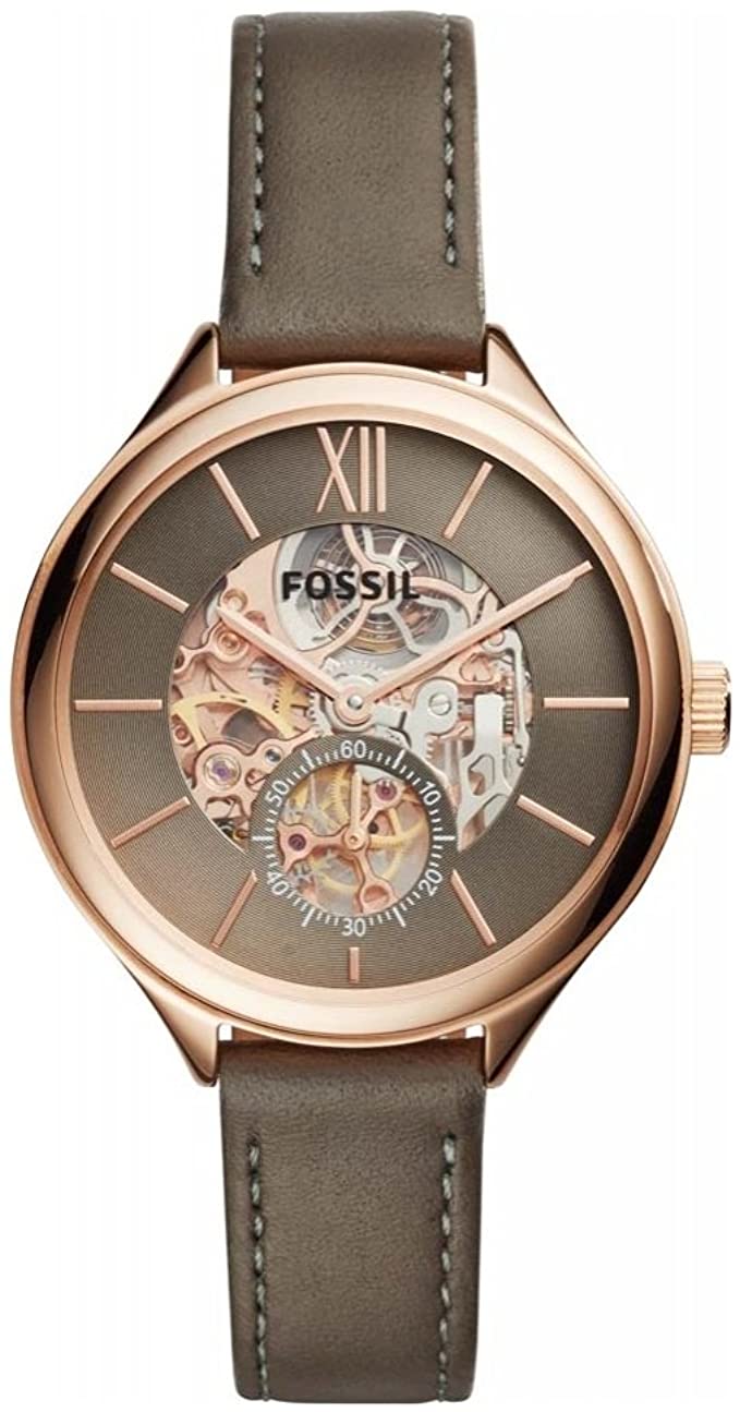 Fossil Suitor mechanical watch with rose gold case, gray dial, skeleton movement, and leather strap