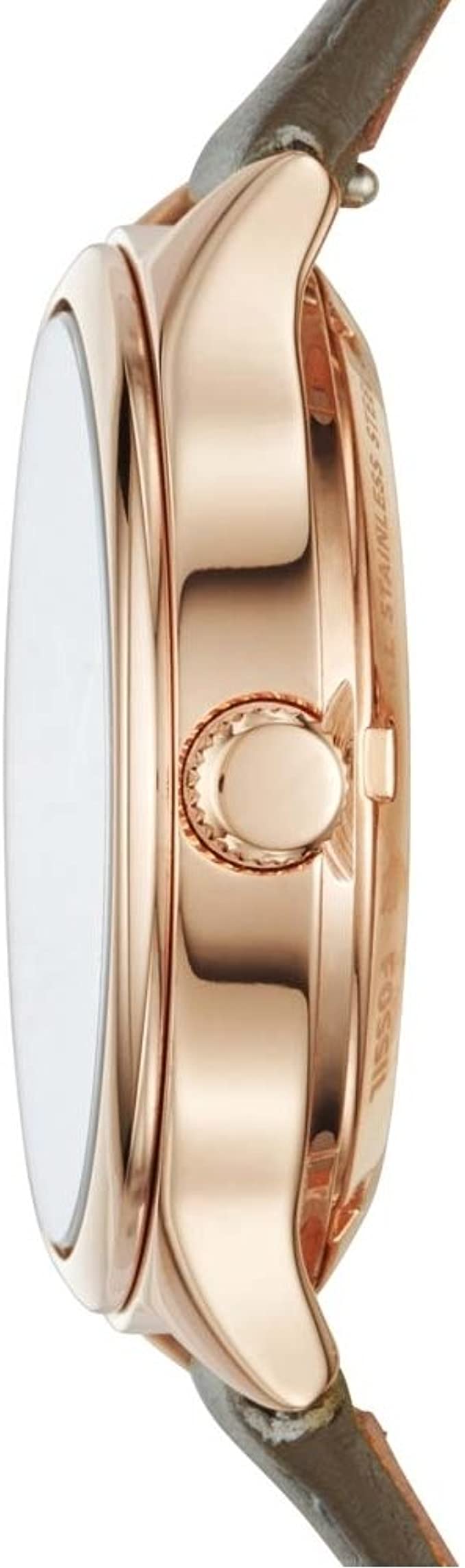 Side profile of Fossil Suitor watch showing rose gold case thickness and gray leather strap