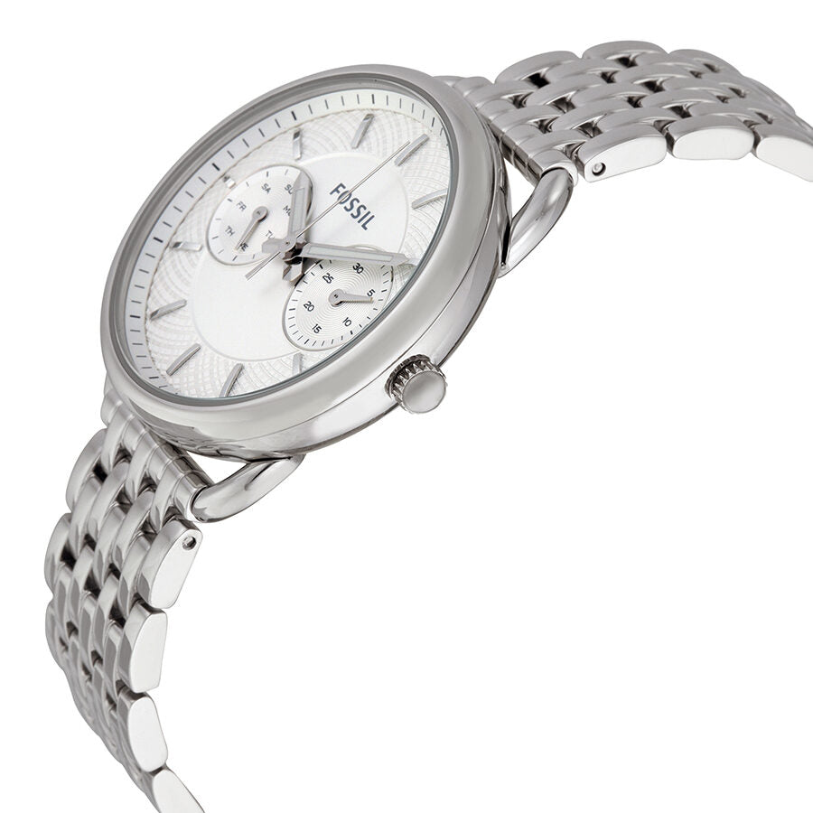 Fossil Tailor ES3712 watch at angle showing white dial and multi-function subdials