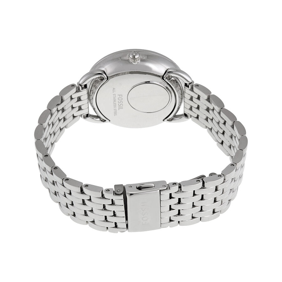 Fossil Tailor ES3712 caseback view showing stainless steel bracelet and folding clasp