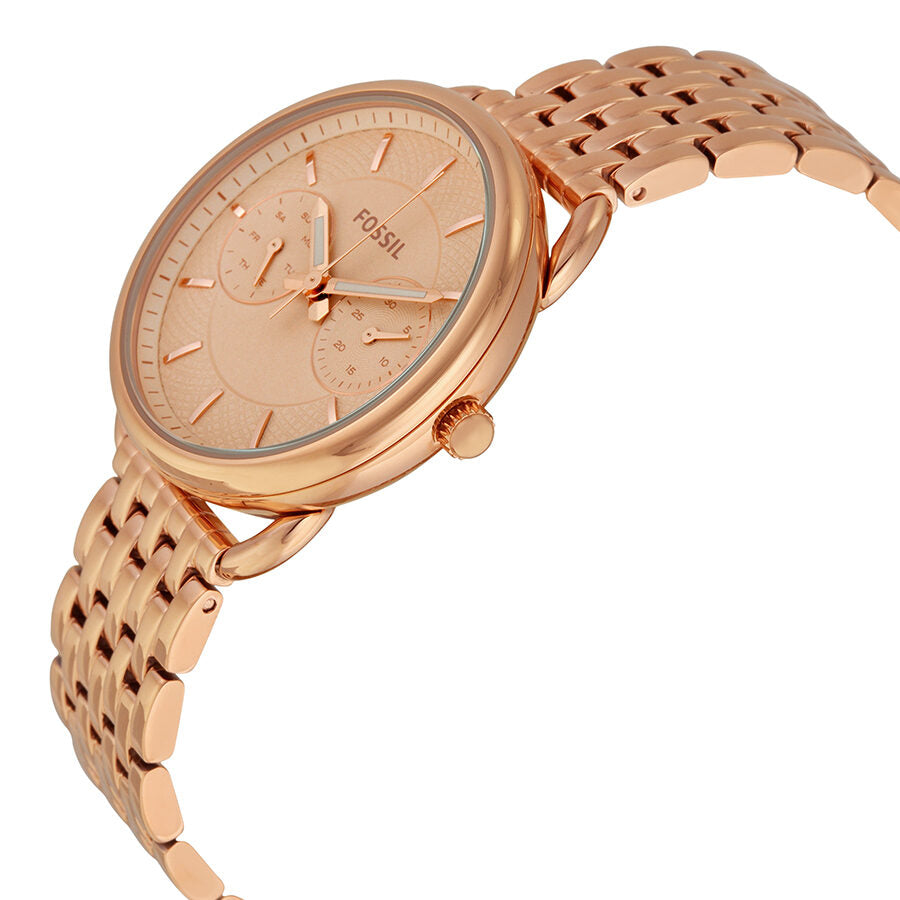 Fossil Tailor multifunction ladies watch angled view showing rose gold case and dial details