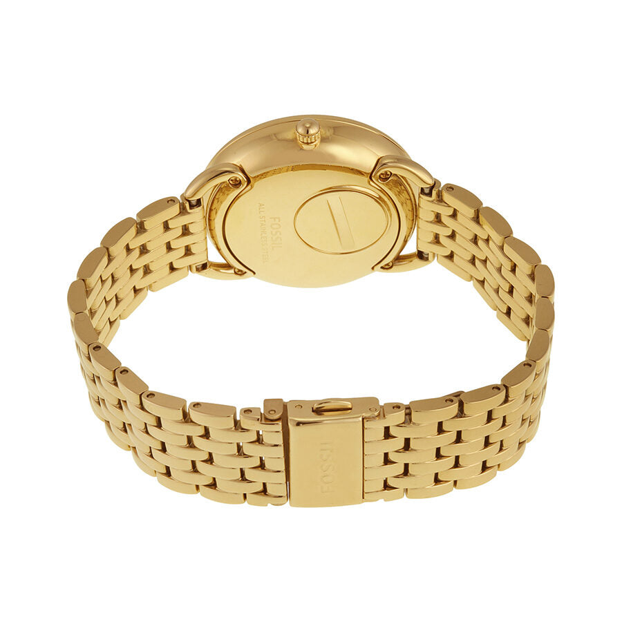Fossil Tailor watch caseback showing gold case and articulated link bracelet