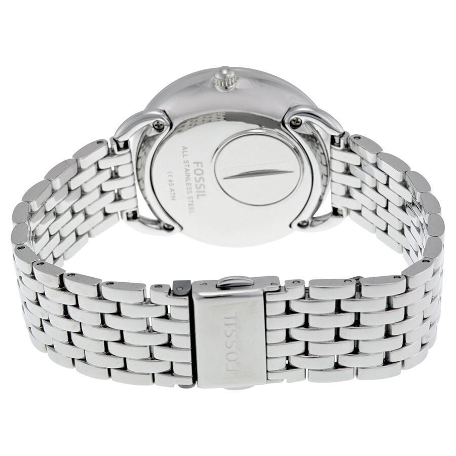 Fossil Tailor watch caseback showing stainless steel construction and bracelet clasp