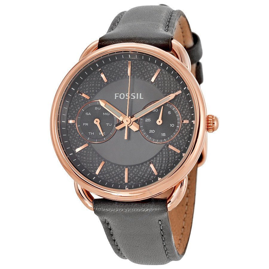 Fossil Tailor ES3913 multifunction watch angled view showing rose gold case and gray dial