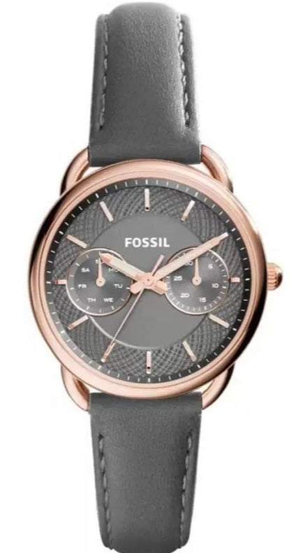 Fossil Tailor ES3913 women's watch with rose gold case and gray leather strap, front view