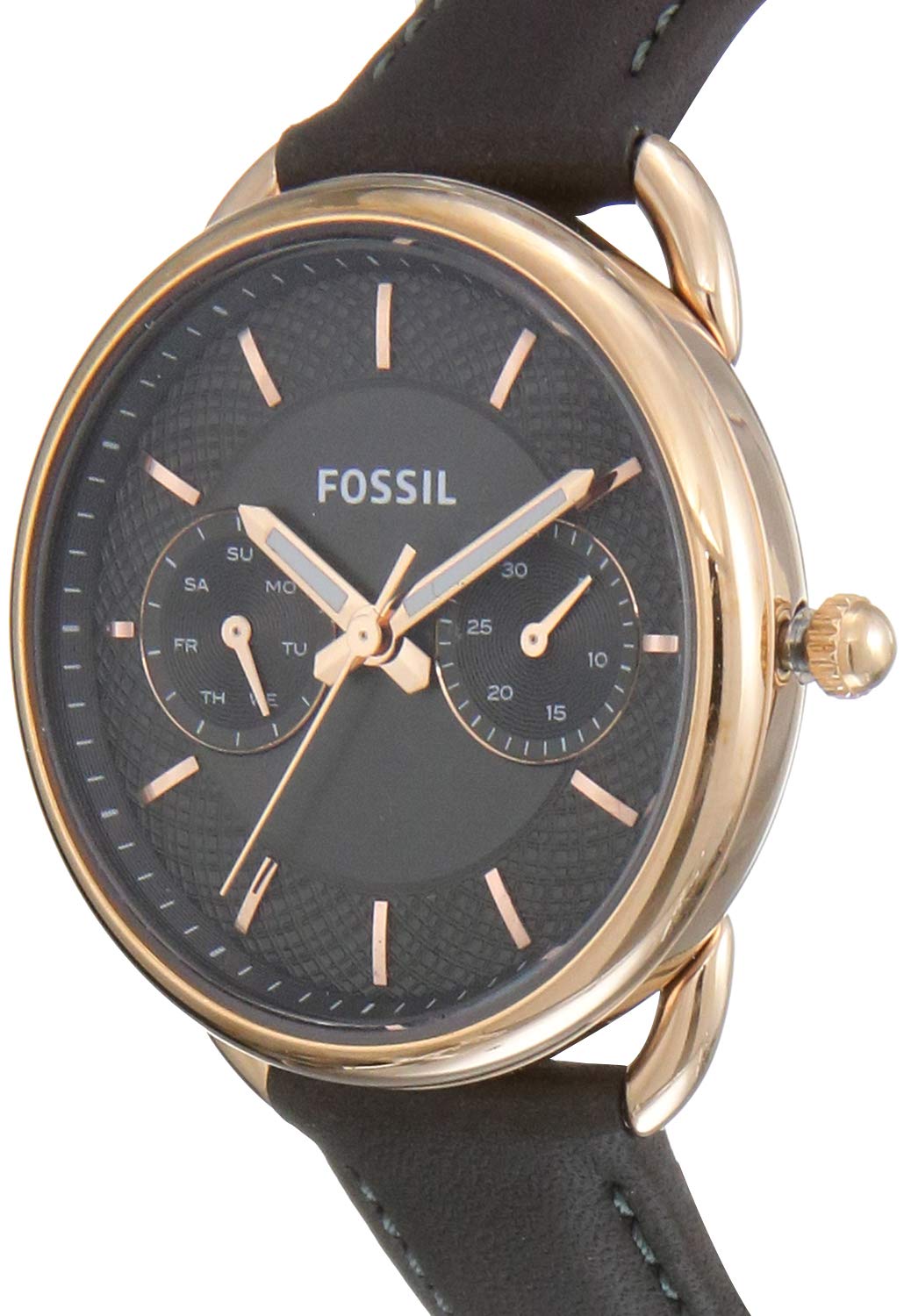 Fossil Tailor ES3913 watch side view with gray leather strap and rose gold case