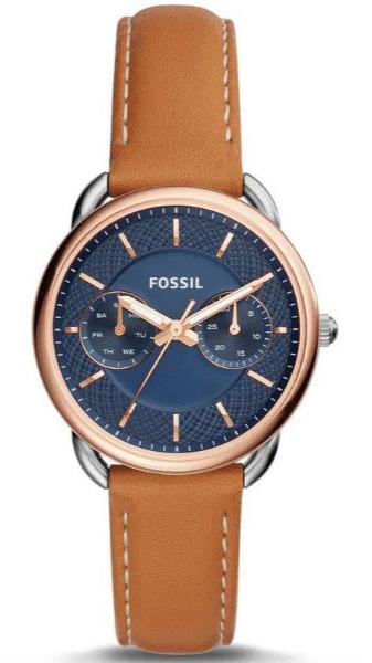 Fossil Tailor ES4257 ladies watch with blue dial and tan leather strap