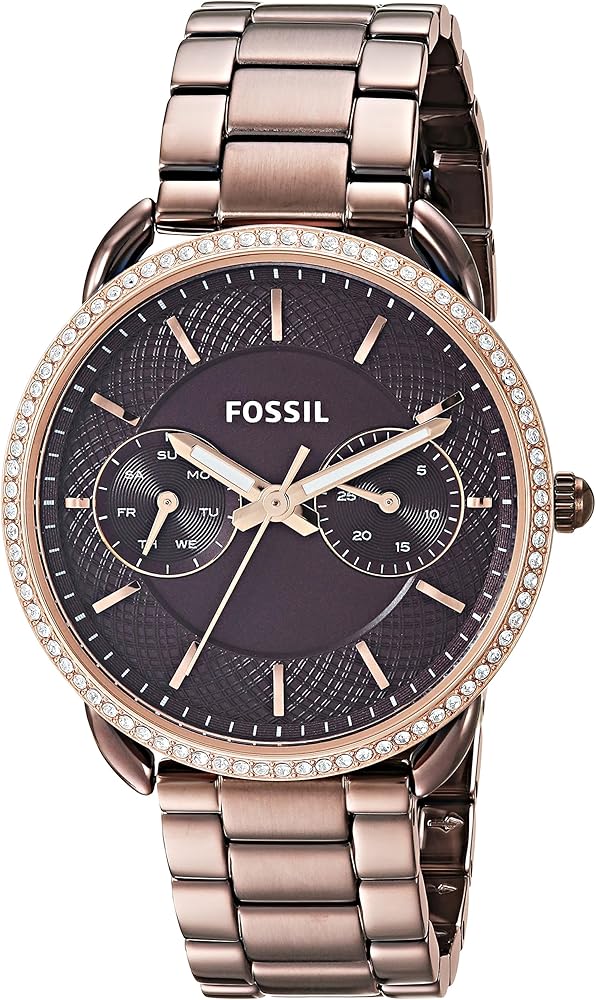 Fossil Tailor ES4258 three-quarter view showing brown dial and multifunction subdials