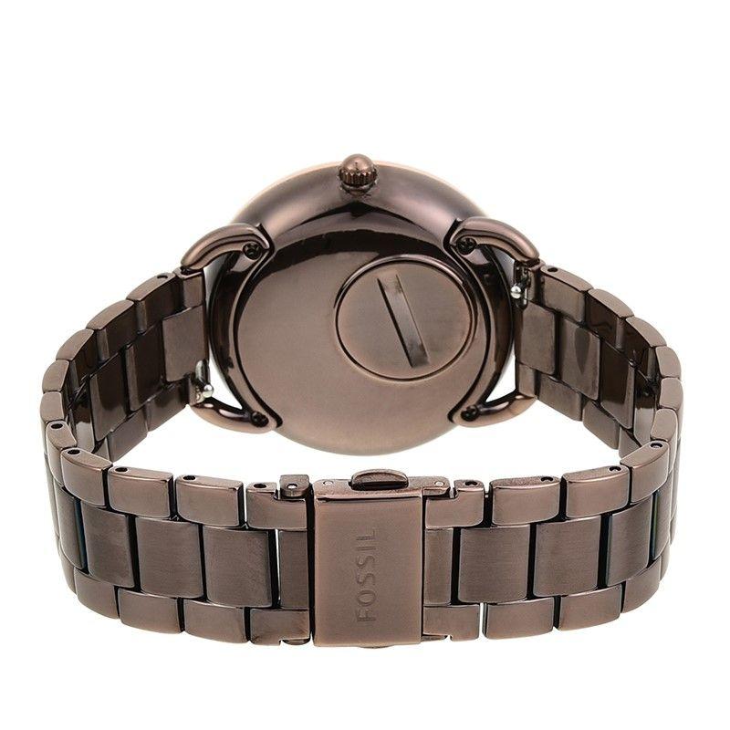 Fossil Tailor ES4258 caseback showing brown stainless steel case and internal mechanics