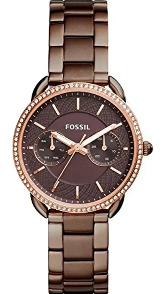 Fossil Tailor brown dial multifunction watch with crystal bezel and brown steel bracelet