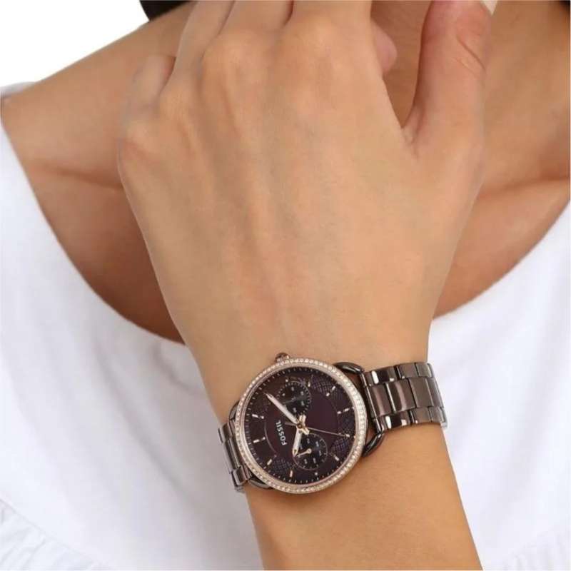 Fossil Tailor ES4258 brown multifunction watch worn on wrist showing dial and bracelet