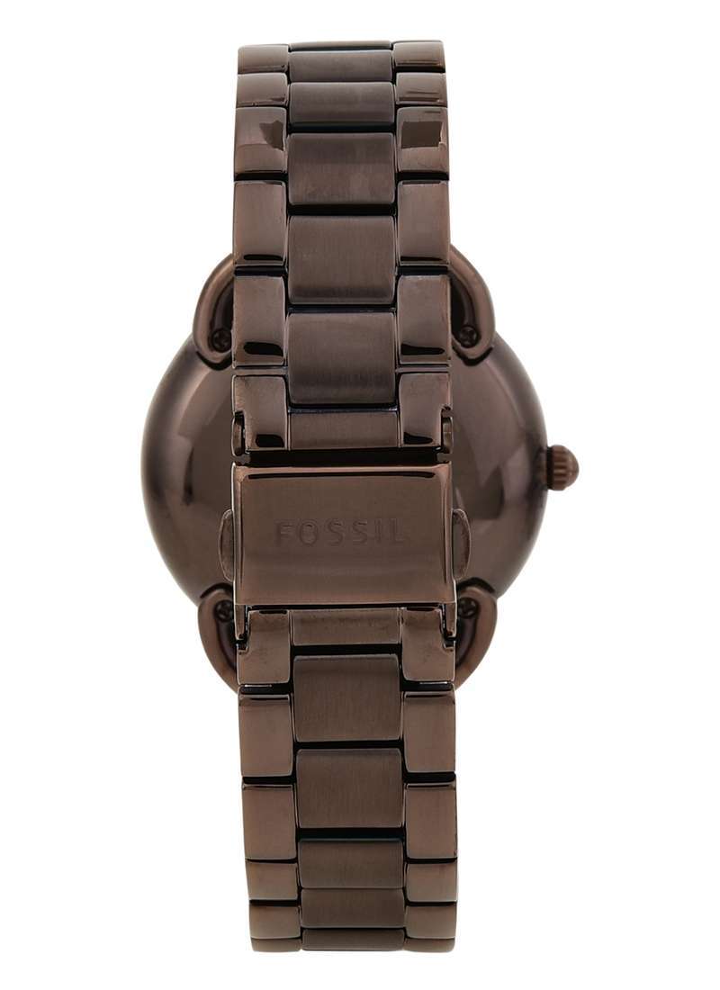 Fossil Tailor ES4258 rear view of brown steel case and multifunction watch movement