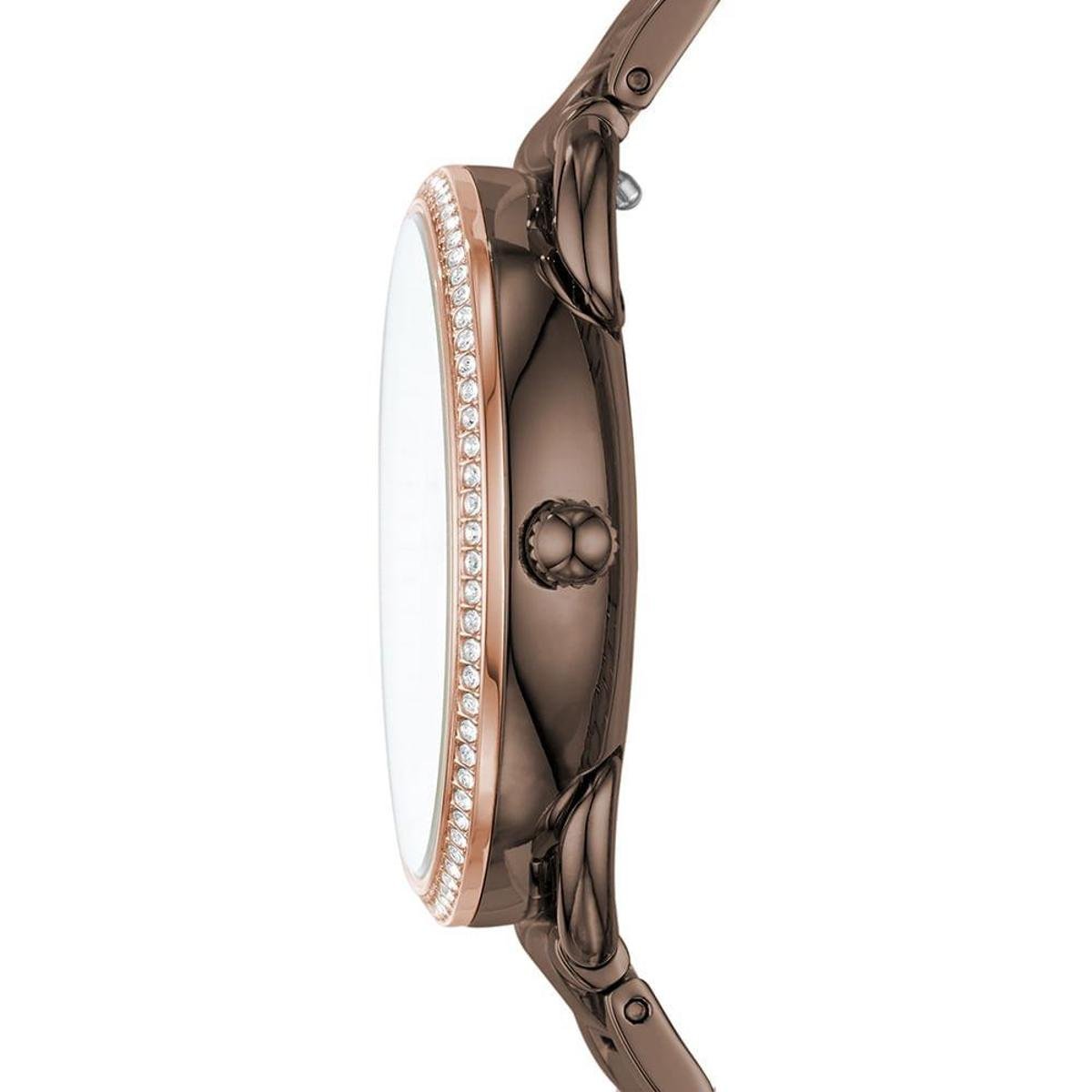 Fossil Tailor ES4258 side profile view of brown steel case and bracelet with crystal bezel