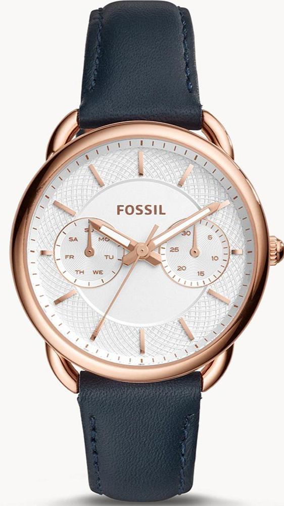 Fossil Tailor ladies watch with white dial, rose gold-tone case, and navy leather strap