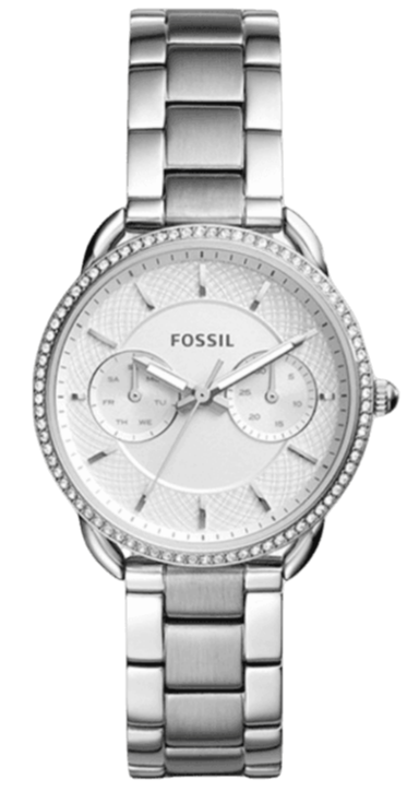 Fossil Women's Tailor ES4262 watch with silver dial and stainless steel bracelet, front view