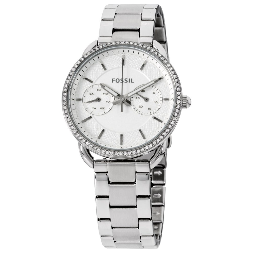 Fossil Women's Tailor ES4262 stainless steel watch on wrist showing crystal-set bezel