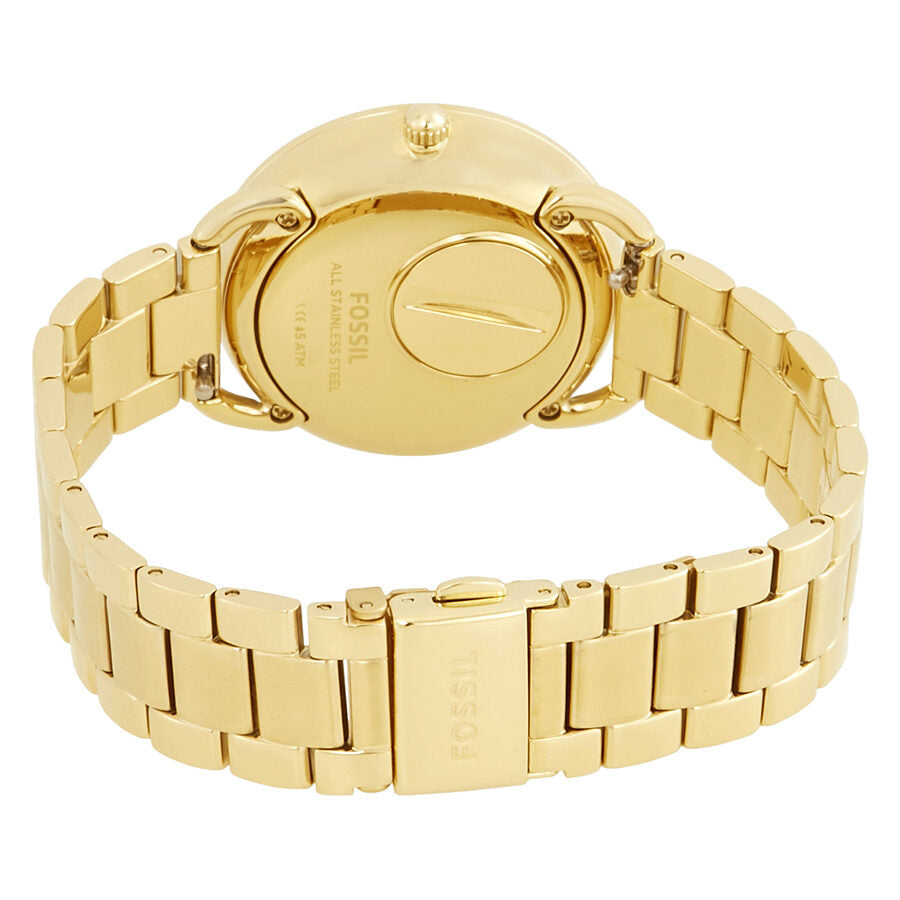 Fossil Tailor watch caseback showing gold-tone stainless steel case and gold-tone bracelet clasp