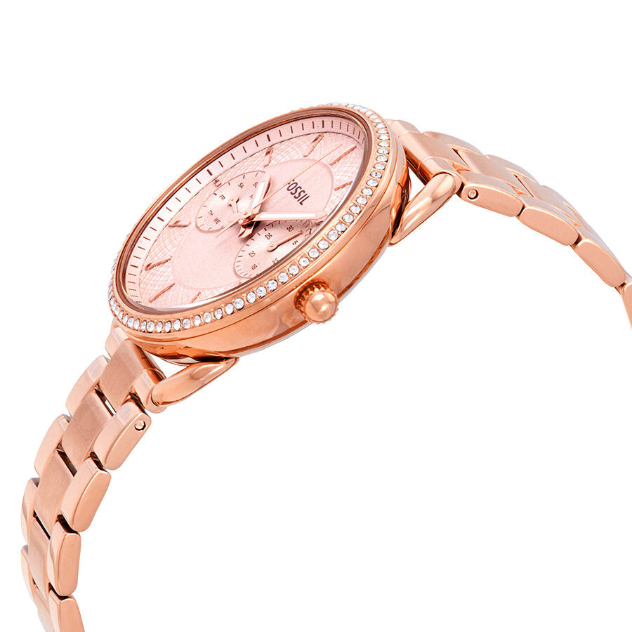 Fossil Tailor ES4264 angled view showing rose gold case profile and rose dial with chronograph subdials